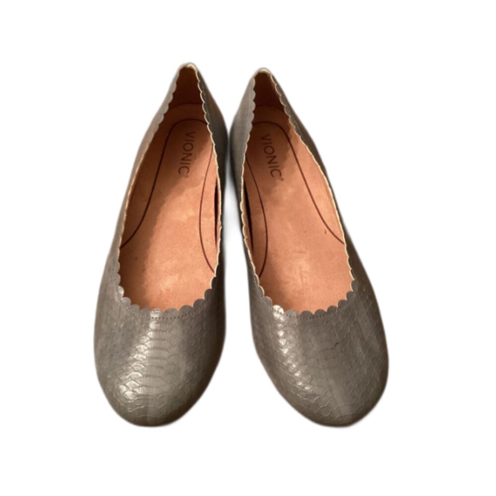 VIONIC SIZE 9 JULIETA BALLET FLATS GRAY SNAKESKIN EMBOSSED SCALLOPED HEM